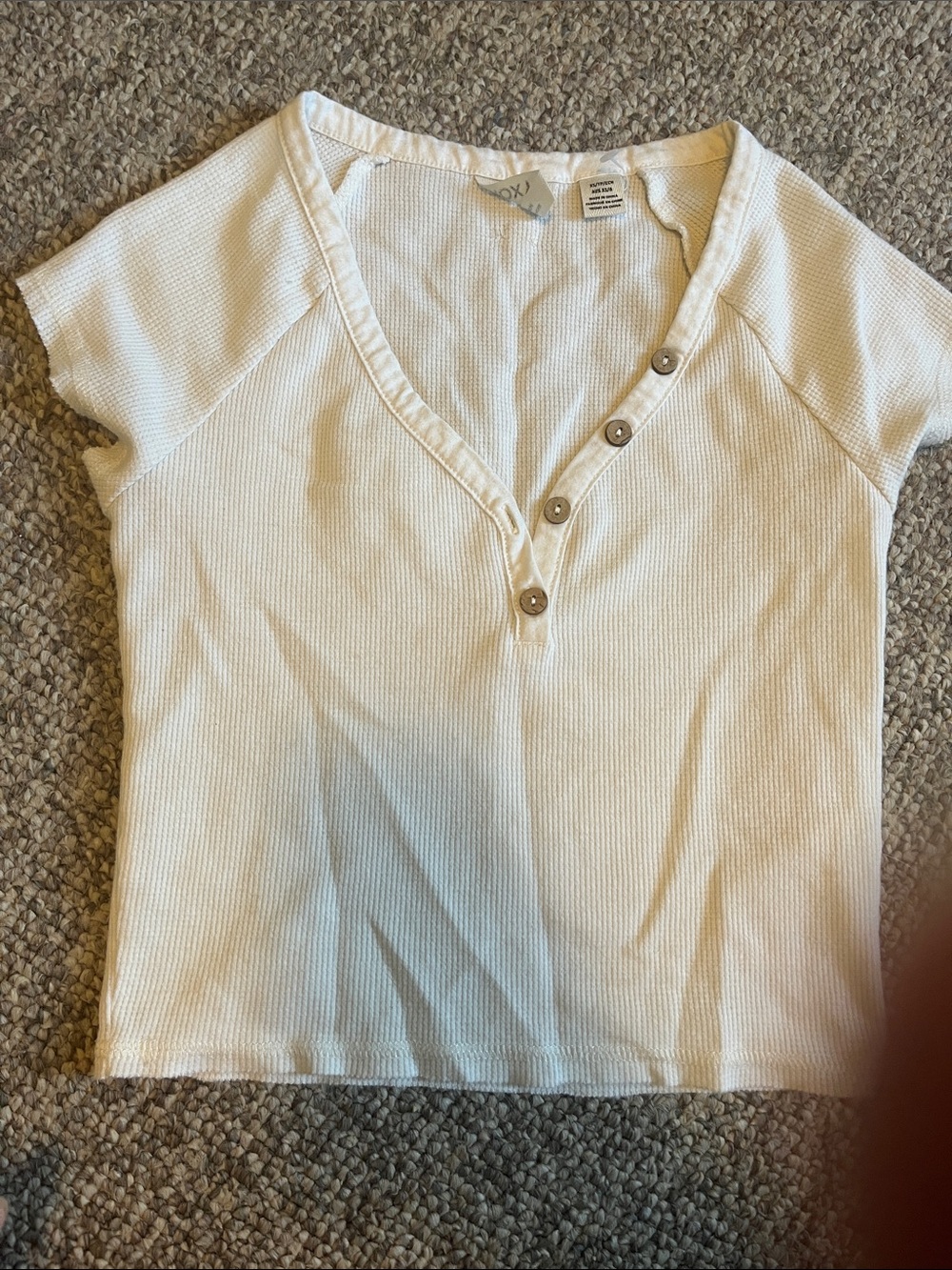 Roxy White Short Sleeve Henley Ribbed Top